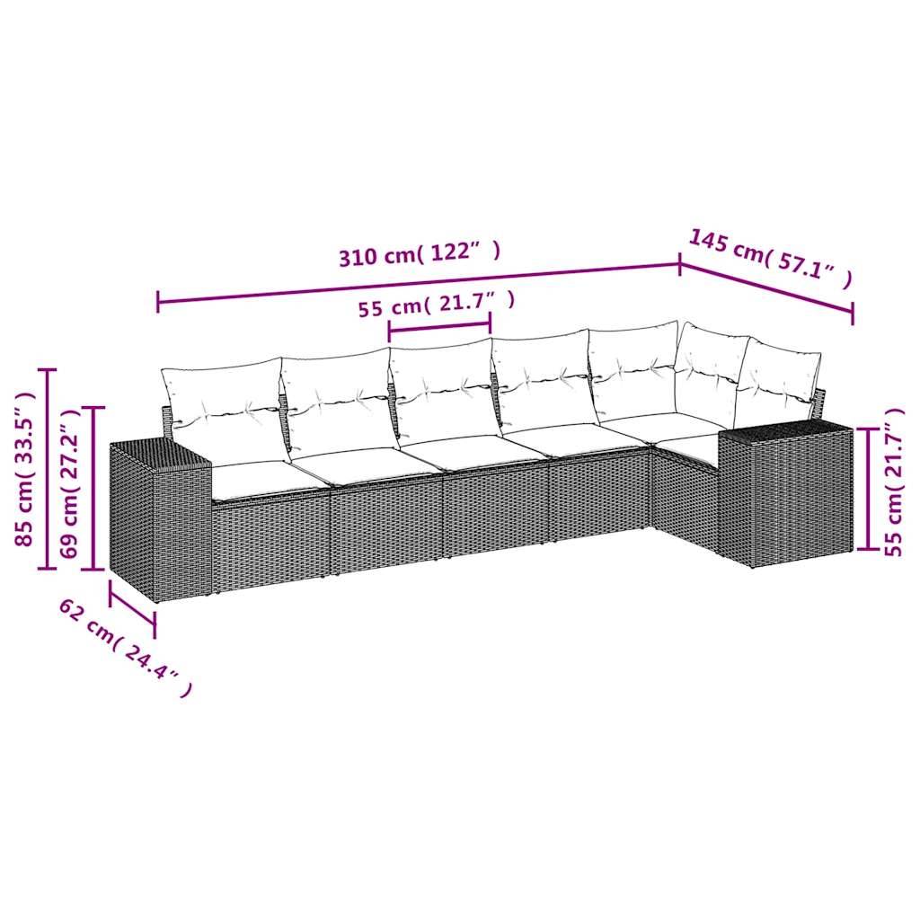 vidaXL 6-tlg. Garten-Sofagarnitur mit Kissen Schwarz Poly Rattan