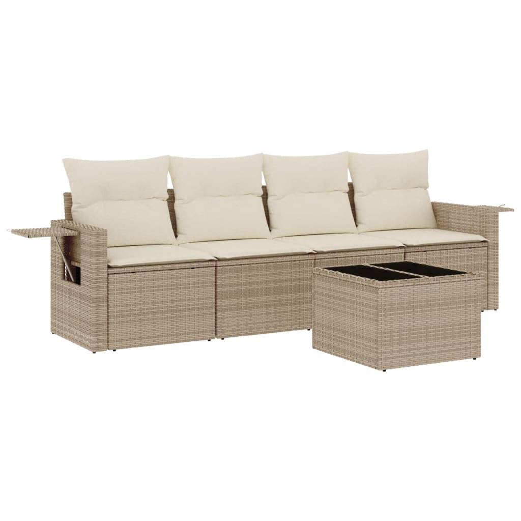 vidaXL 5-tlg. Garten-Sofagarnitur mit Kissen Beige Poly Rattan