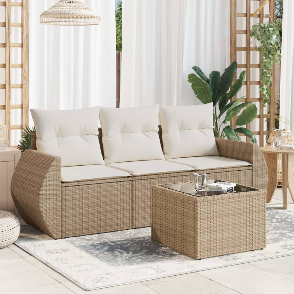 vidaXL 4-tlg. Garten-Sofagarnitur mit Kissen Beige Poly Rattan