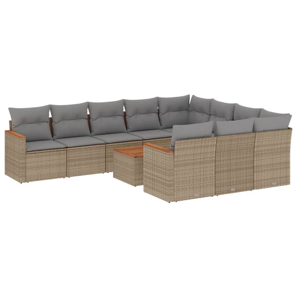 vidaXL 11-tlg. Garten-Sofagarnitur mit Kissen Beige Poly Rattan