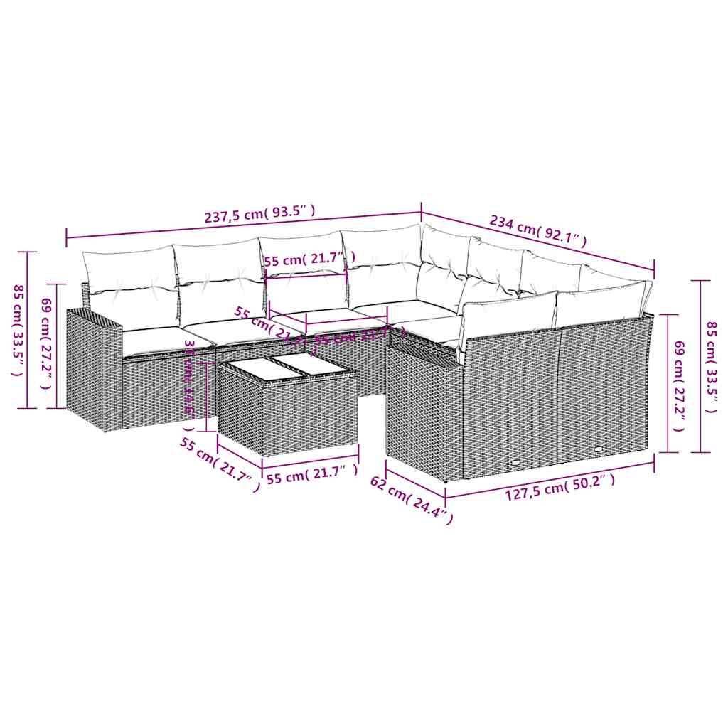vidaXL 9-tlg. Garten-Sofagarnitur mit Kissen Braun Poly Rattan