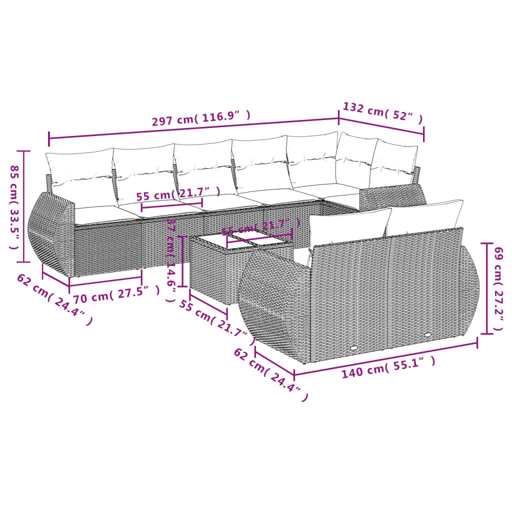 vidaXL 9-teiliges Gartensofa-Set mit Kissen, grau, Polyrattan