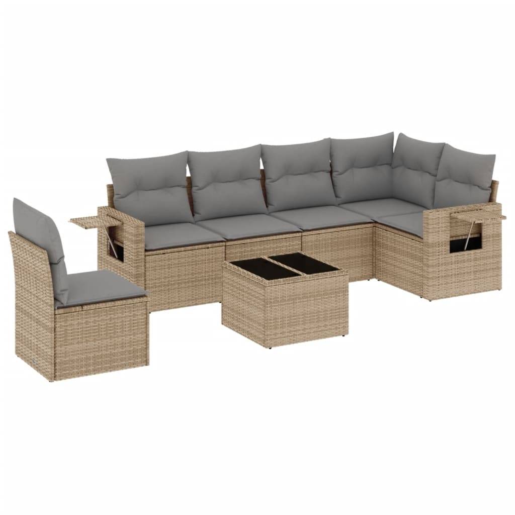 vidaXL 7-tlg. Garten-Sofagarnitur mit Kissen Beige Poly Rattan