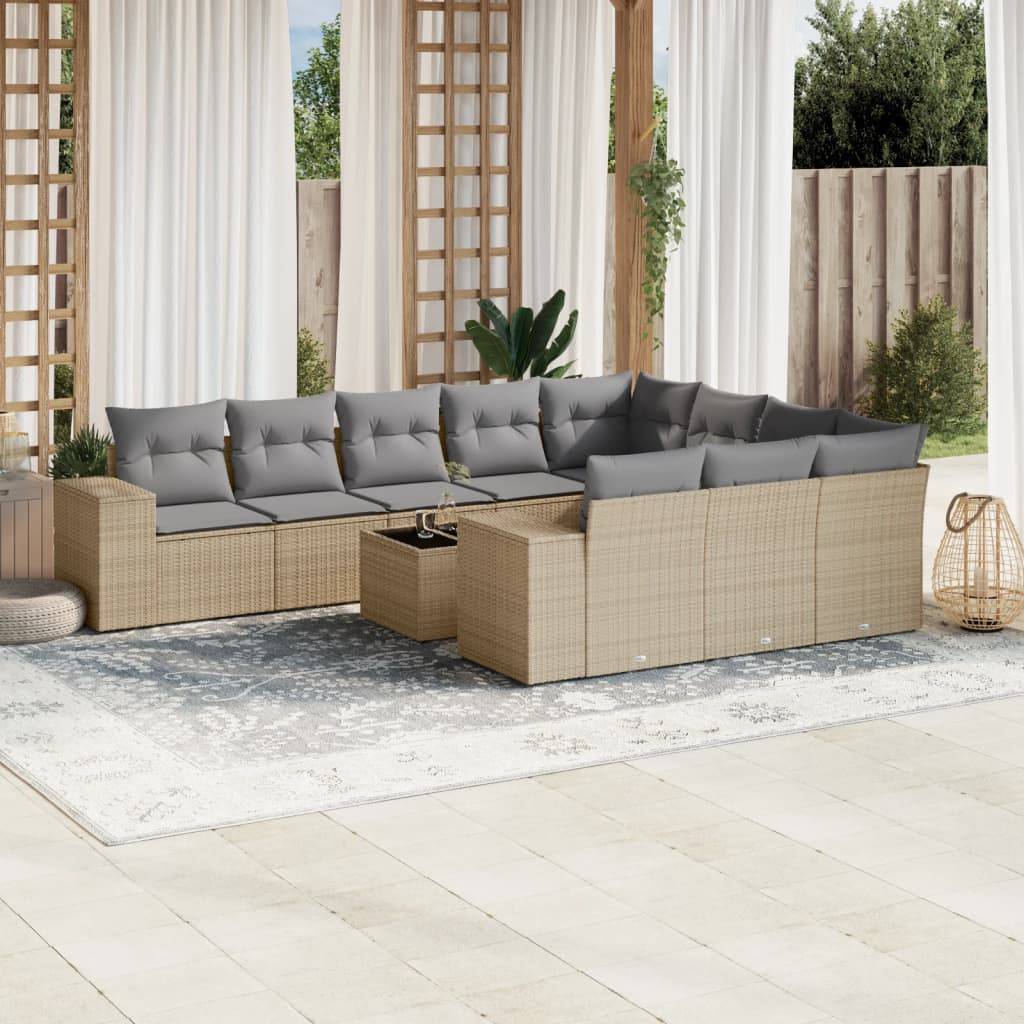 vidaXL 11-tlg. Garten-Sofagarnitur mit Kissen Beige Poly Rattan