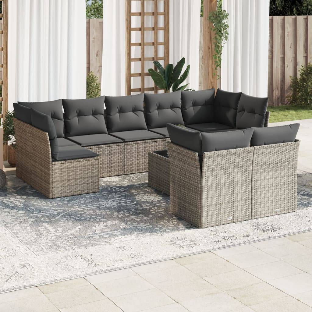 vidaXL 10-tlg. Garten-Sofagarnitur mit Kissen Grau Poly Rattan