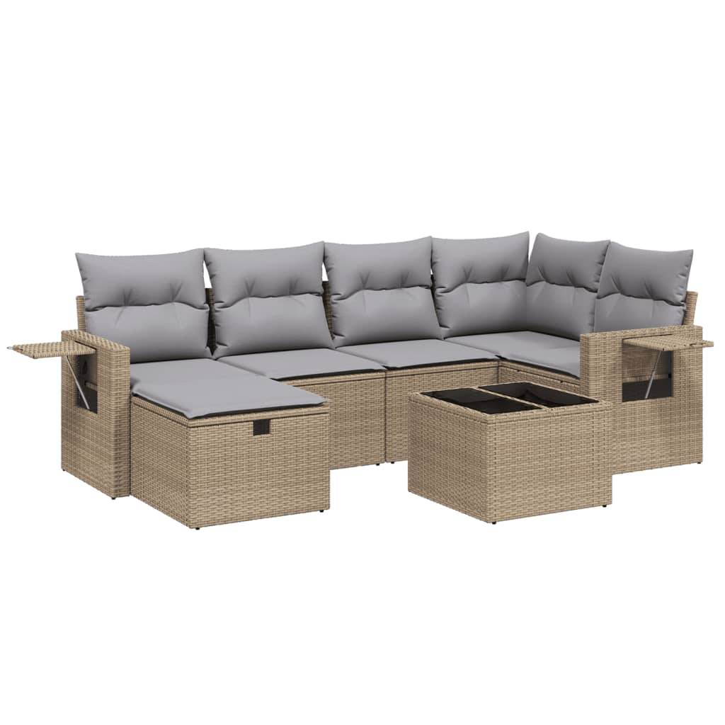 vidaXL 7-tlg. Garten-Sofagarnitur mit Kissen Beige Poly Rattan