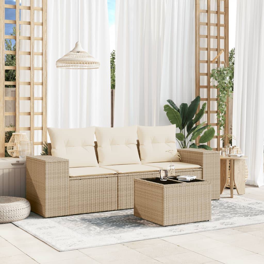 vidaXL 4-tlg. Garten-Sofagarnitur mit Kissen Beige Poly Rattan