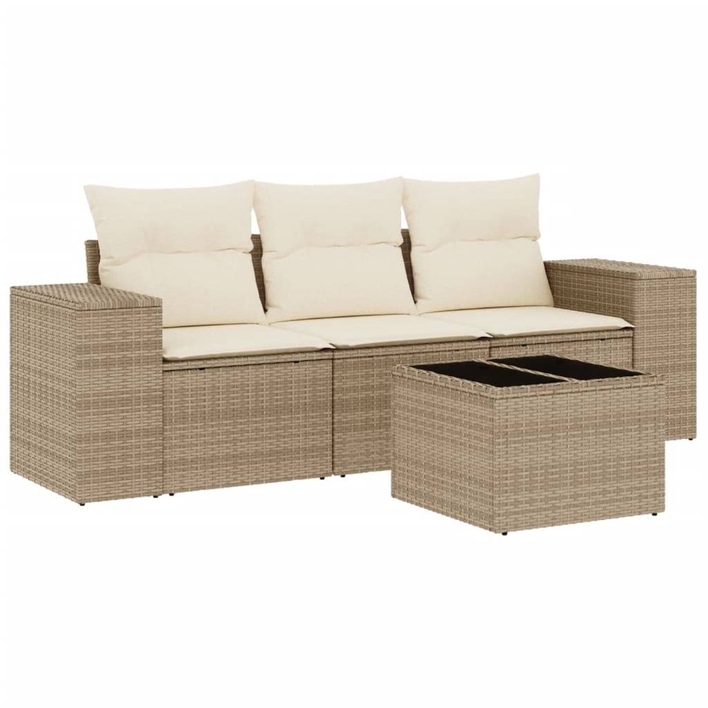 vidaXL 4-tlg. Garten-Sofagarnitur mit Kissen Beige Poly Rattan