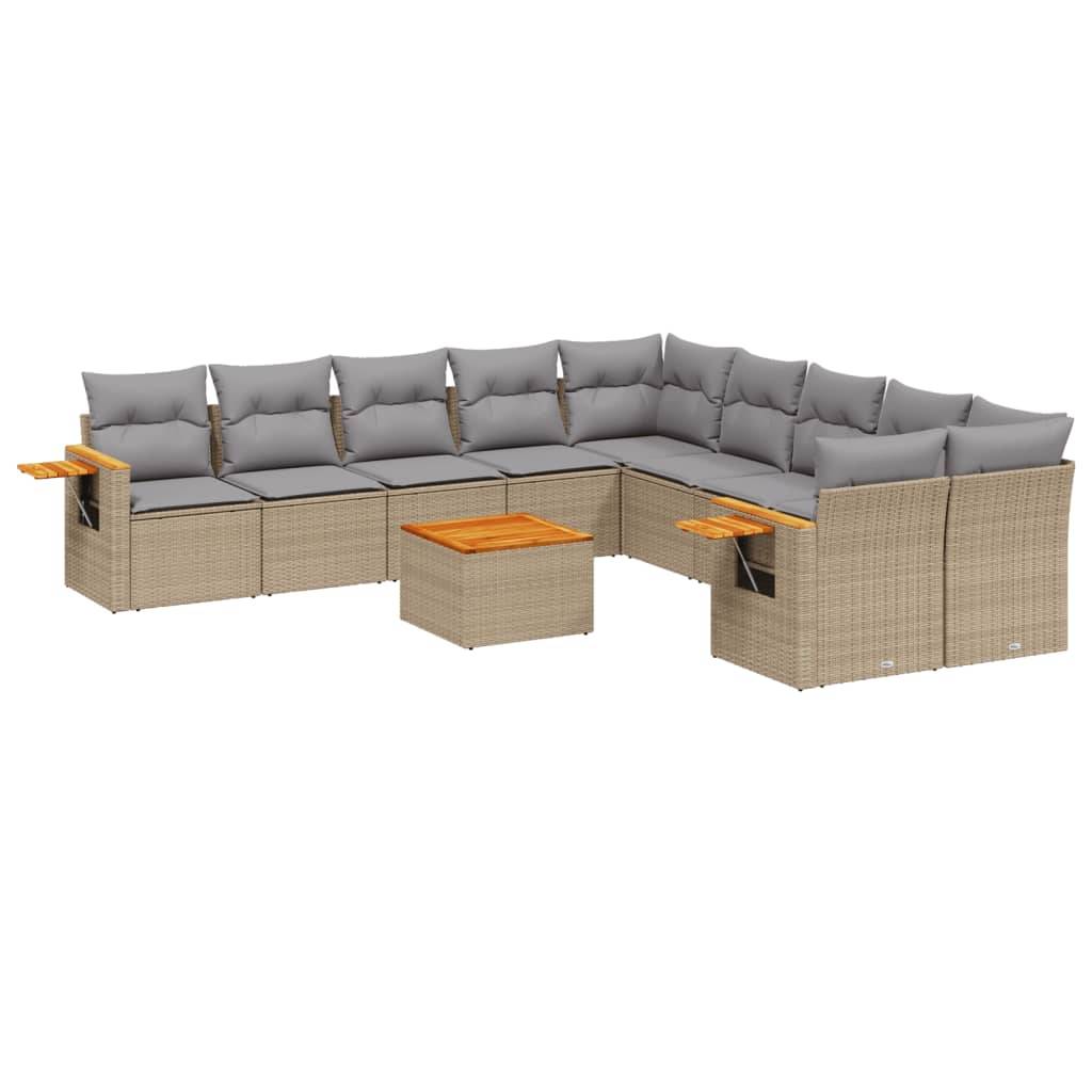 vidaXL 11-tlg. Garten-Sofagarnitur mit Kissen Beige Poly Rattan