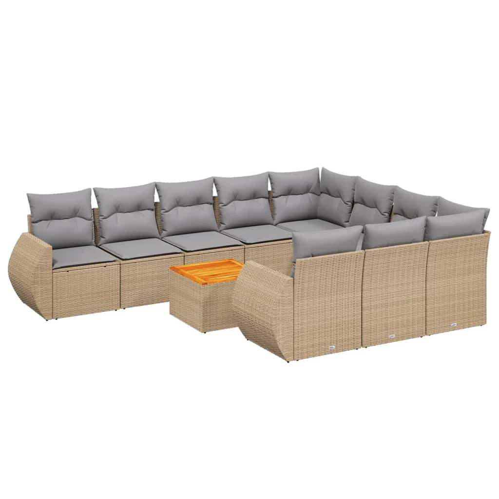 vidaXL 11-tlg. Garten-Sofagarnitur mit Kissen Beige Poly Rattan