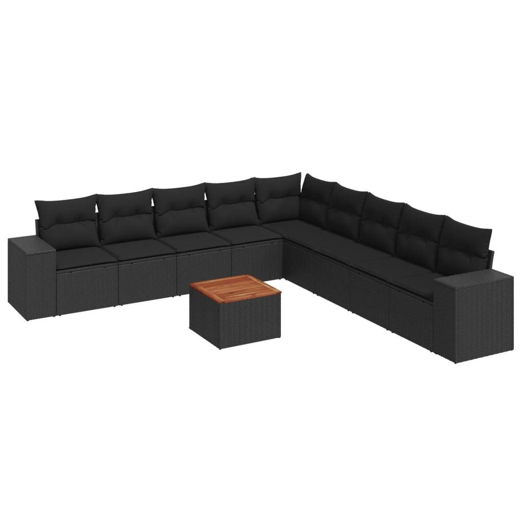 vidaXL 10-tlg. Garten-Sofagarnitur mit Kissen Schwarz Poly Rattan