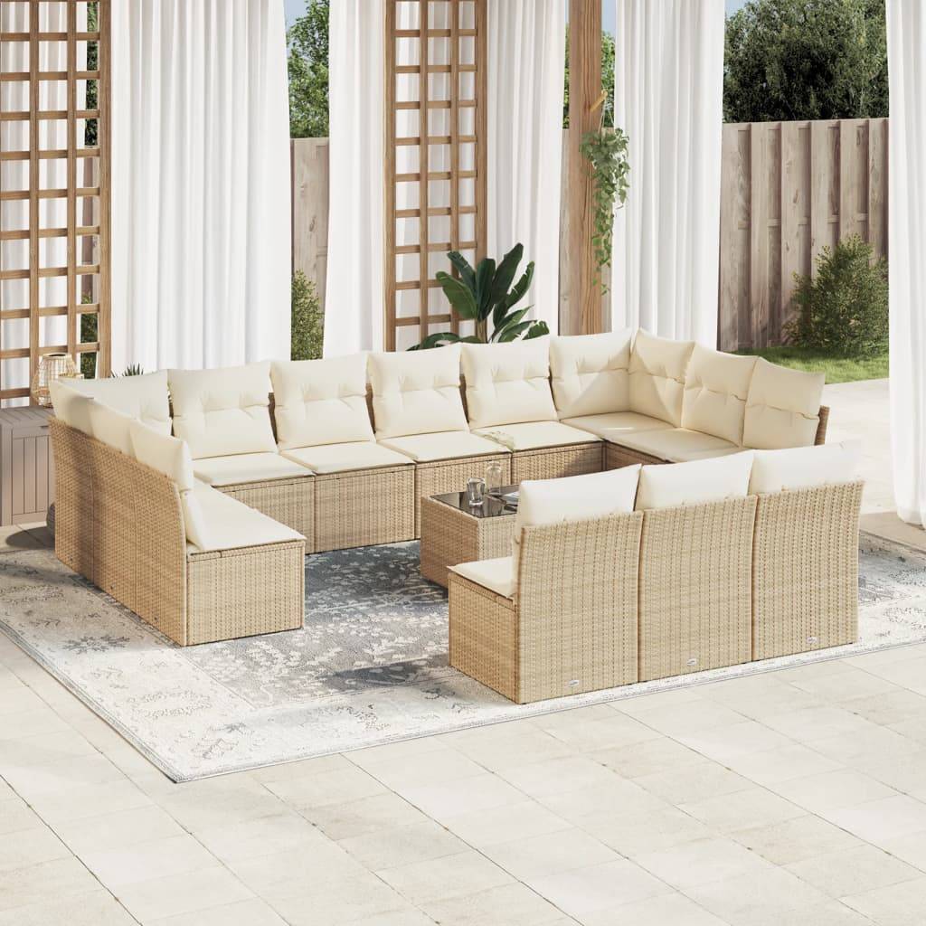 vidaXL 14-tlg. Garten-Sofagarnitur mit Kissen Beige Poly Rattan