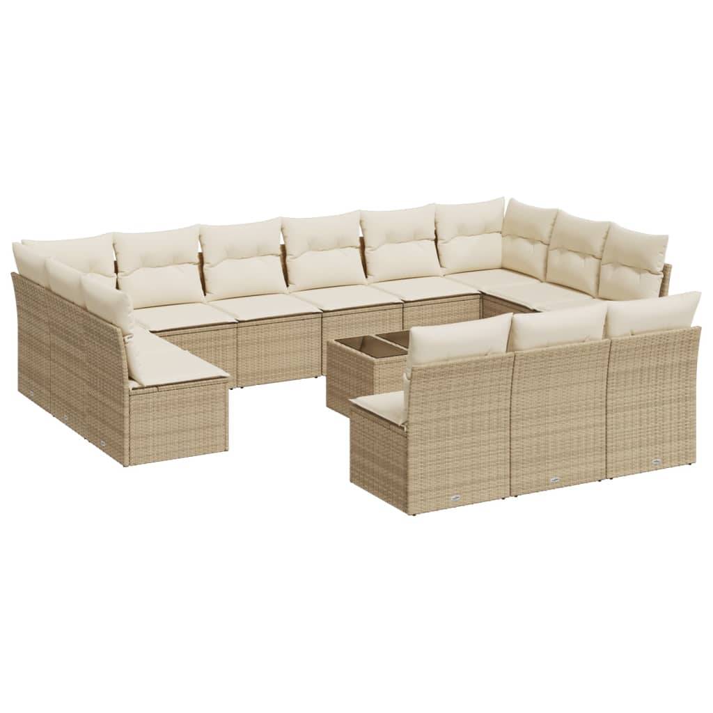 vidaXL 14-tlg. Garten-Sofagarnitur mit Kissen Beige Poly Rattan