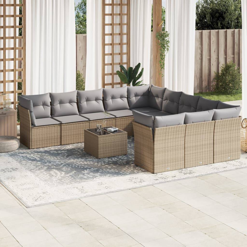 vidaXL 12-tlg. Garten-Sofagarnitur mit Kissen Beige Poly Rattan