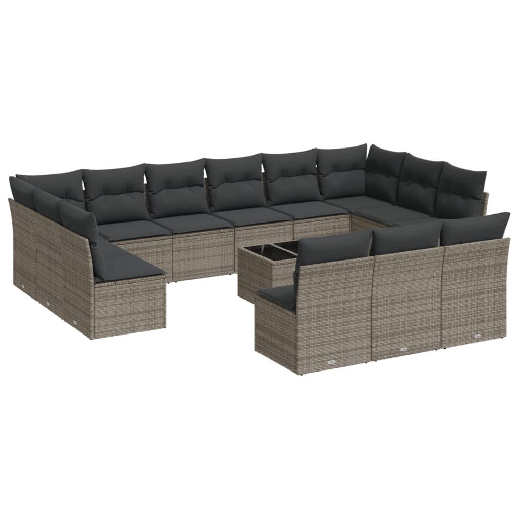 vidaXL 14-tlg. Garten-Sofagarnitur mit Kissen Grau Poly Rattan