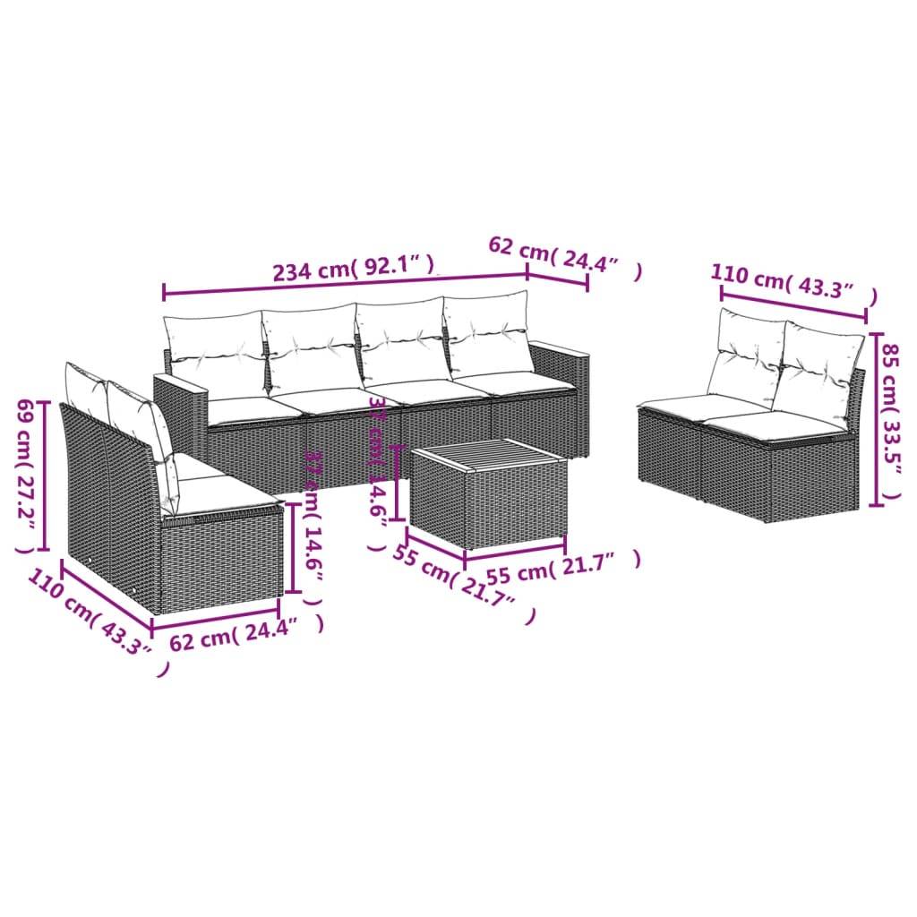 vidaXL 9-teiliges Gartensofa-Set mit Kissen, grau, Polyrattan