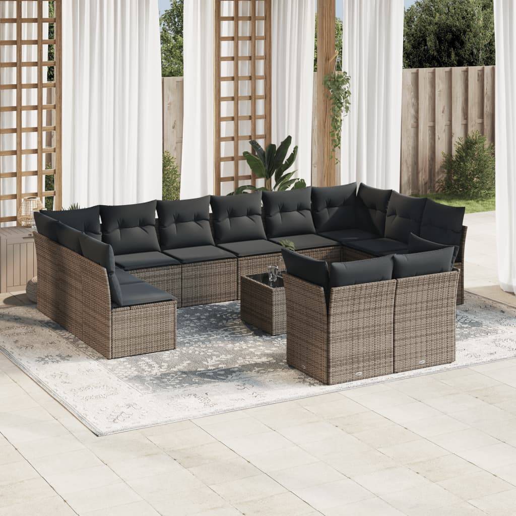 vidaXL 13-tlg. Garten-Sofagarnitur mit Kissen Grau Poly Rattan