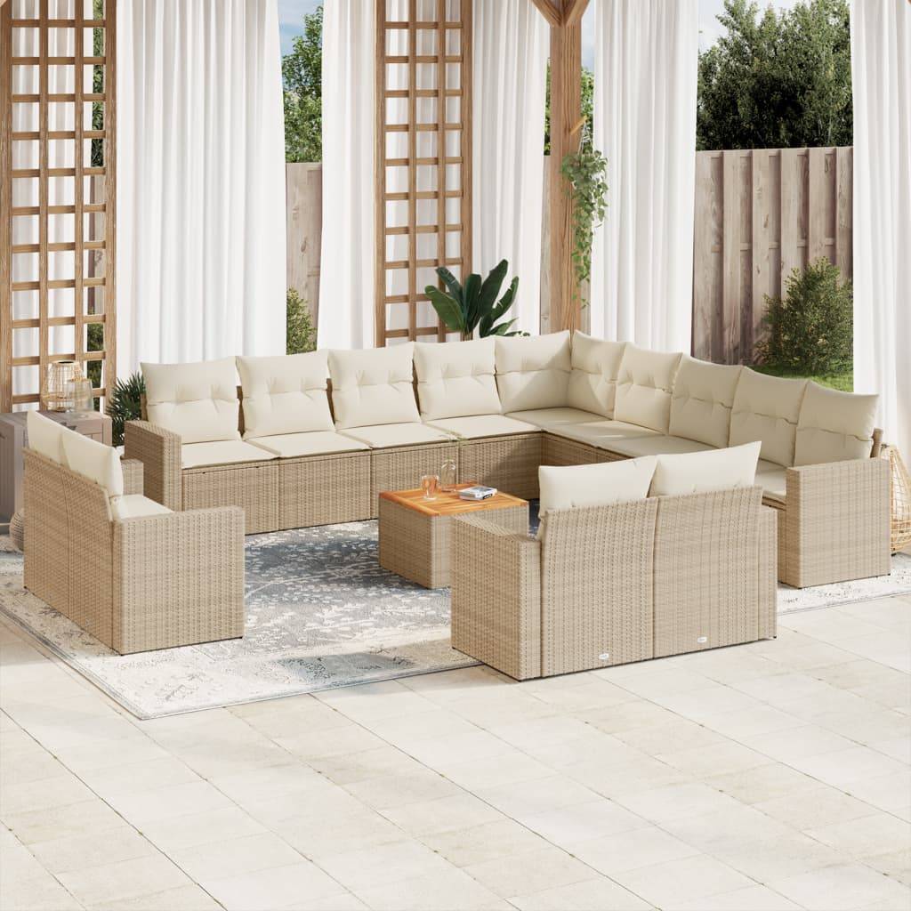vidaXL 14-tlg. Garten-Sofagarnitur mit Kissen Beige Poly Rattan