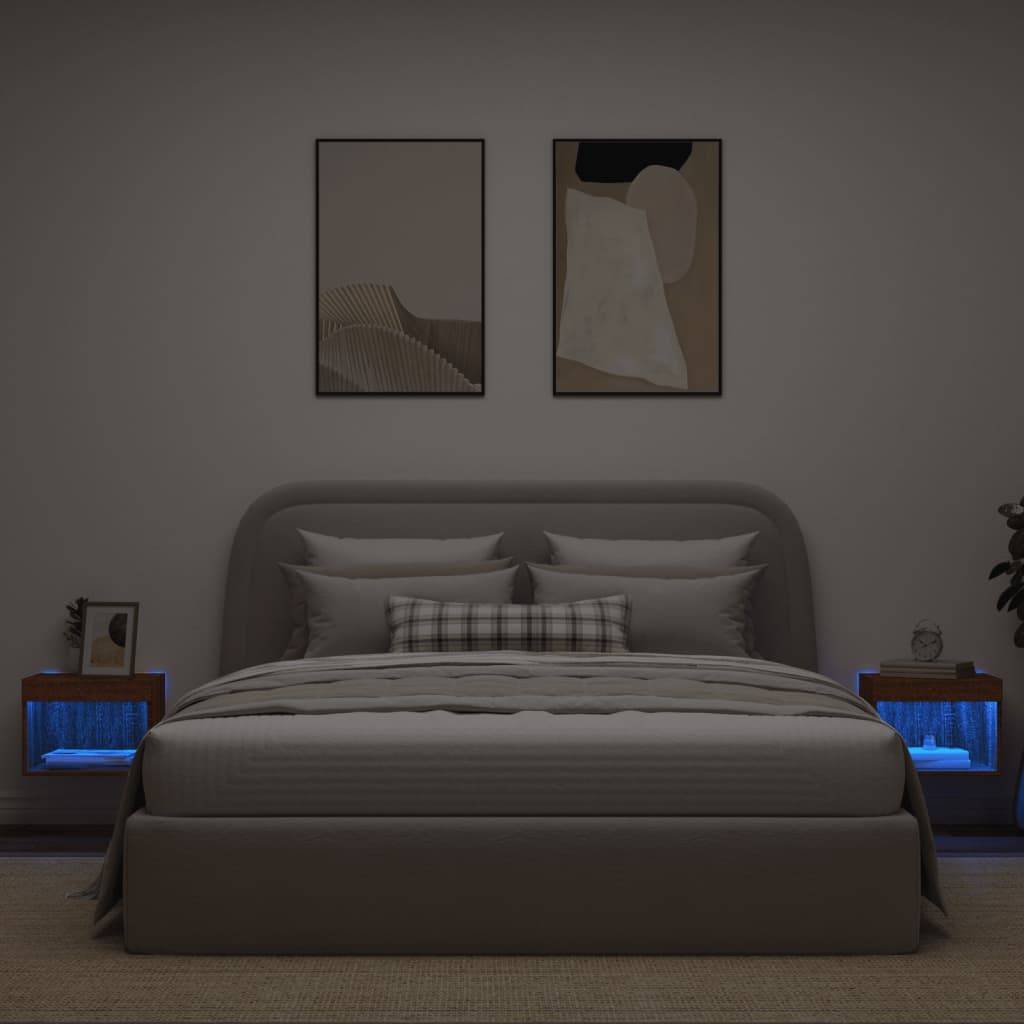 vidaXL Wand-Nachttische mit LED-Leuchten 2 Stk. Braun Eichen-Optik