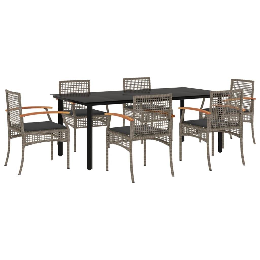 vidaXL 7-tlg. Garten-Essgruppe mit Kissen Grau Poly Rattan