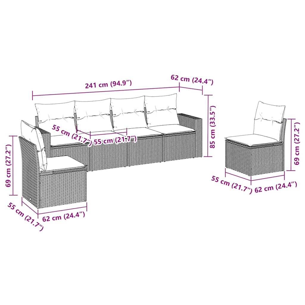 vidaXL 6-tlg. Garten-Sofagarnitur mit Kissen Schwarz Poly Rattan