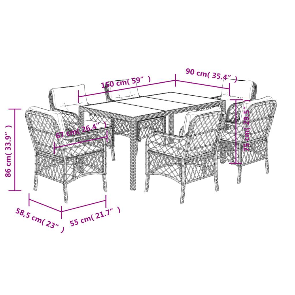 vidaXL 7-tlg. Garten-Essgruppe mit Kissen Schwarz Poly Rattan