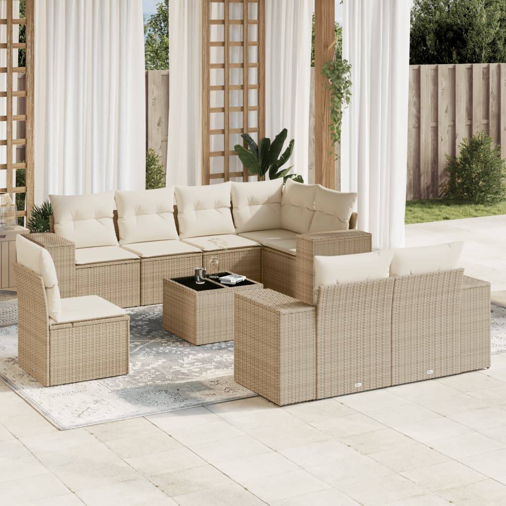 vidaXL 9-tlg. Garten-Sofagarnitur mit Kissen Beige Poly Rattan