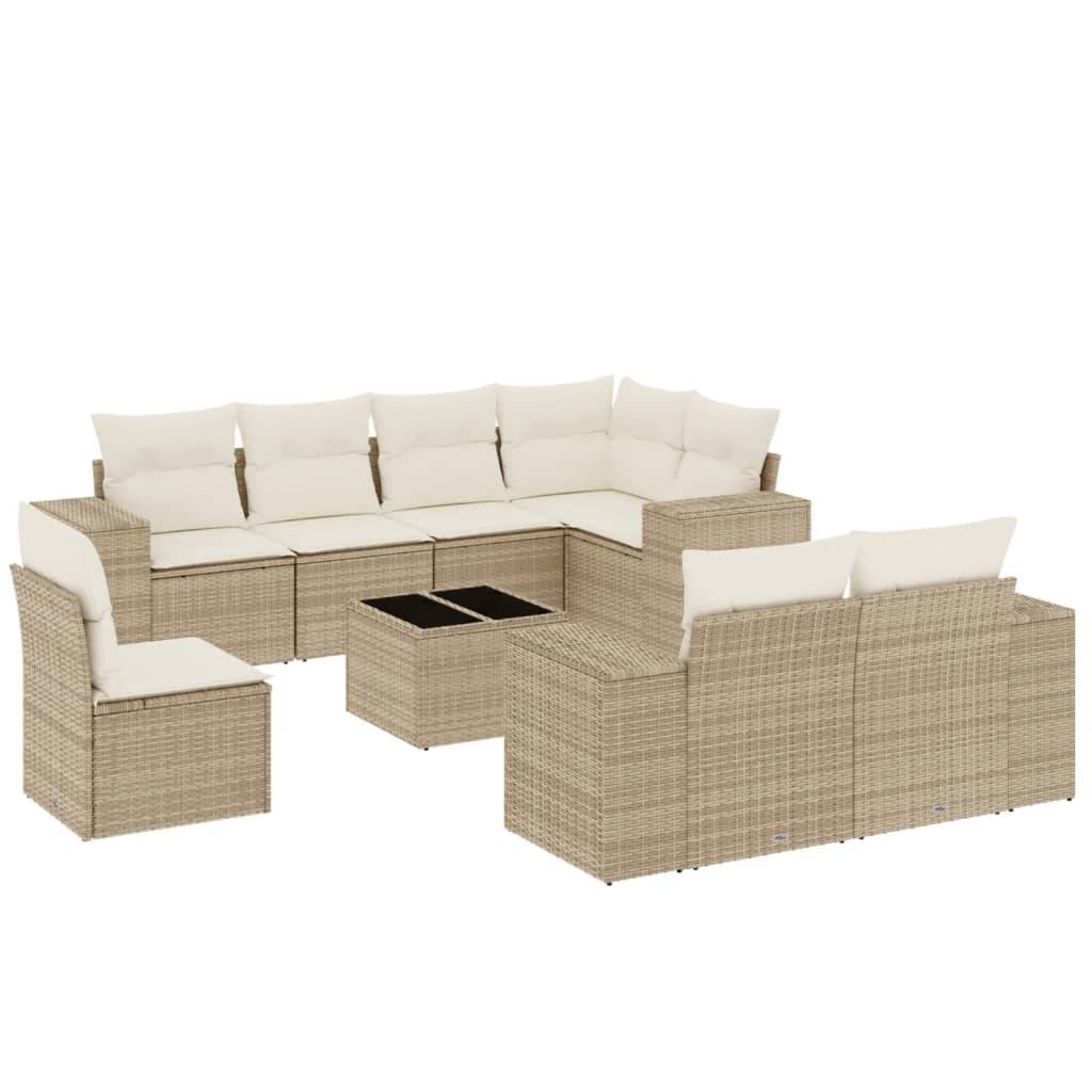 vidaXL 9-tlg. Garten-Sofagarnitur mit Kissen Beige Poly Rattan