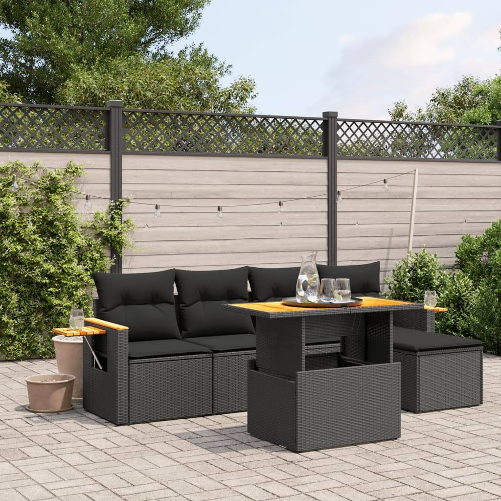vidaXL 6-tlg. Garten-Sofagarnitur mit Kissen Schwarz Poly Rattan