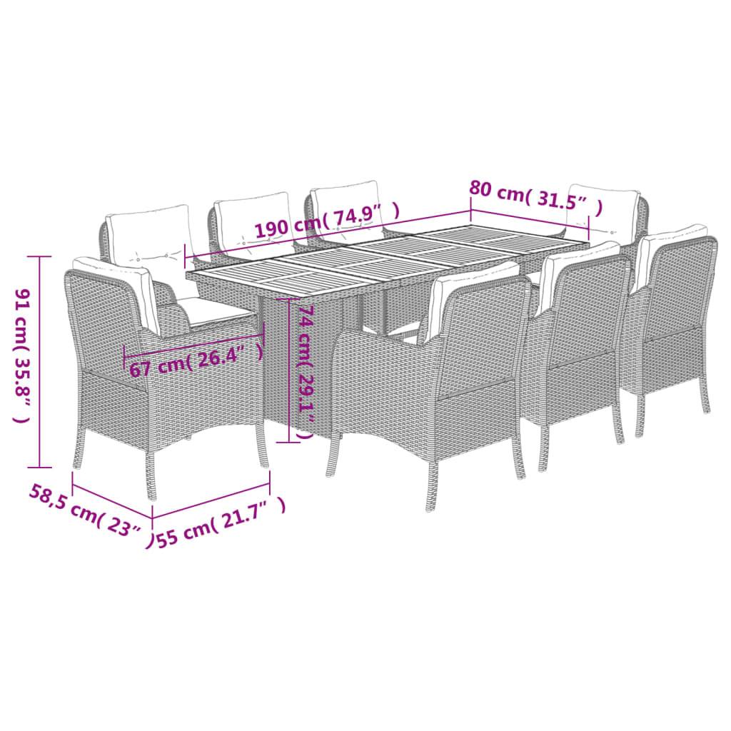 vidaXL 9-tlg. Garten-Essgruppe mit Kissen Grau Poly Rattan