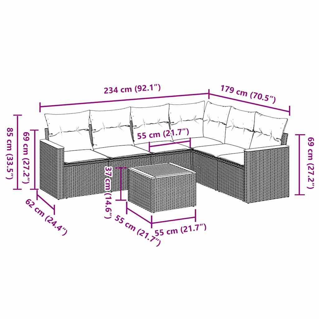 vidaXL 7-tlg. Garten-Sofagarnitur mit Kissen Schwarz Poly Rattan
