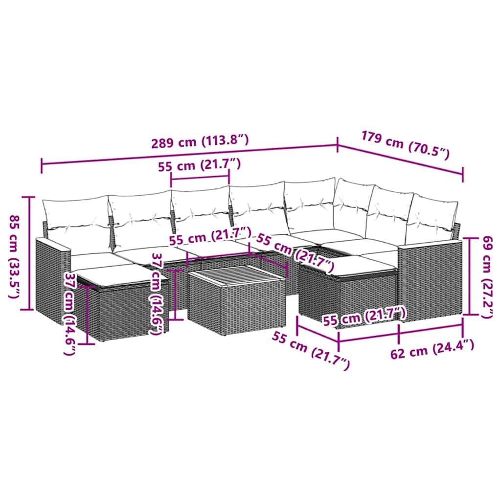 vidaXL 10-tlg. Garten-Sofagarnitur mit Kissen Schwarz Poly Rattan