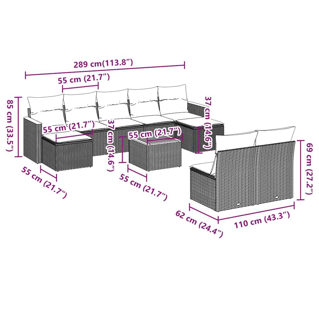 vidaXL 10-tlg. Garten-Sofagarnitur mit Kissen Schwarz Poly Rattan