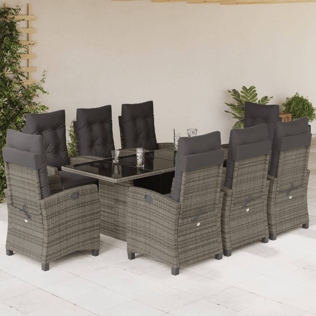 vidaXL 9-tlg. Garten-Essgruppe mit Kissen Grau Poly Rattan