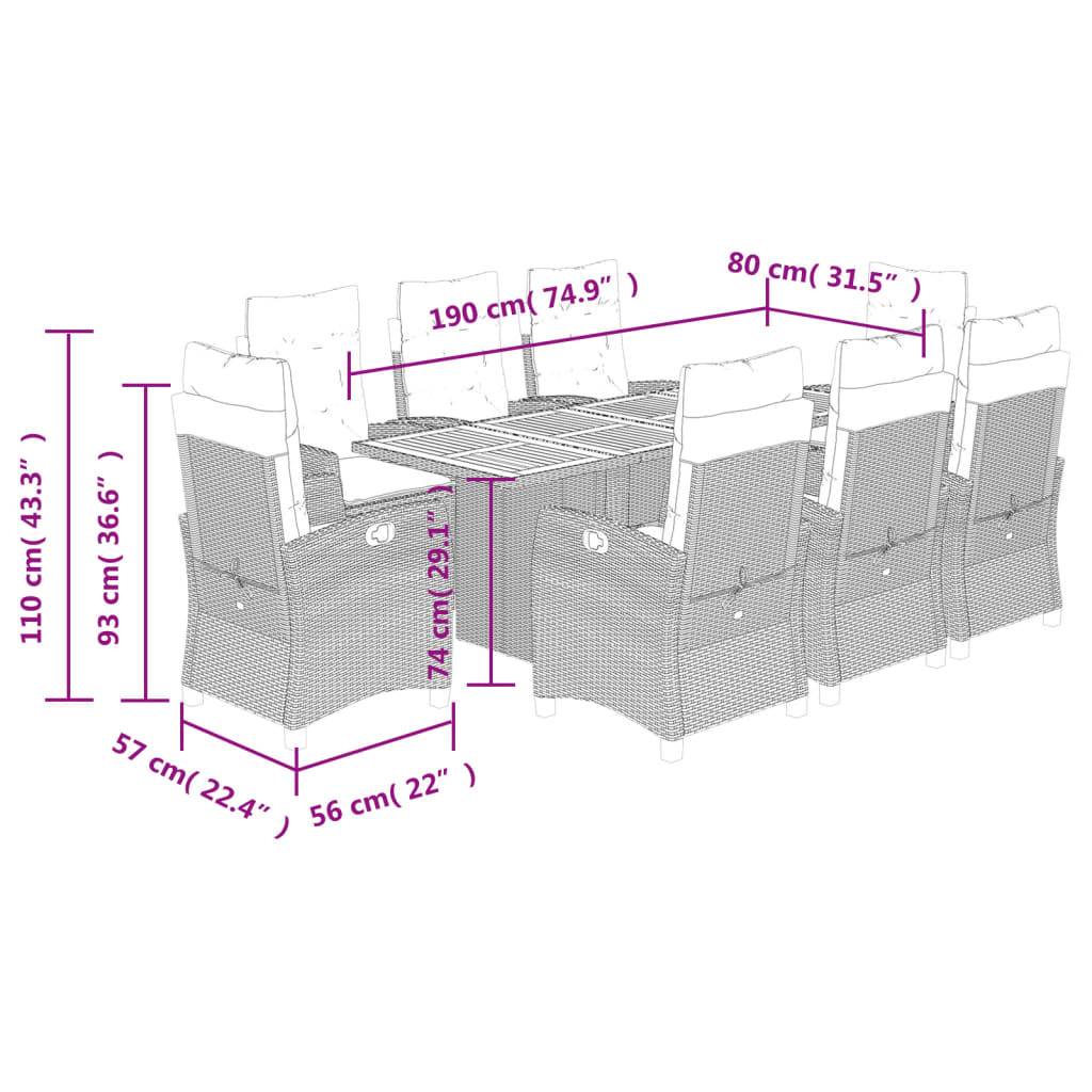 vidaXL 9-tlg. Garten-Essgruppe mit Kissen Grau Poly Rattan