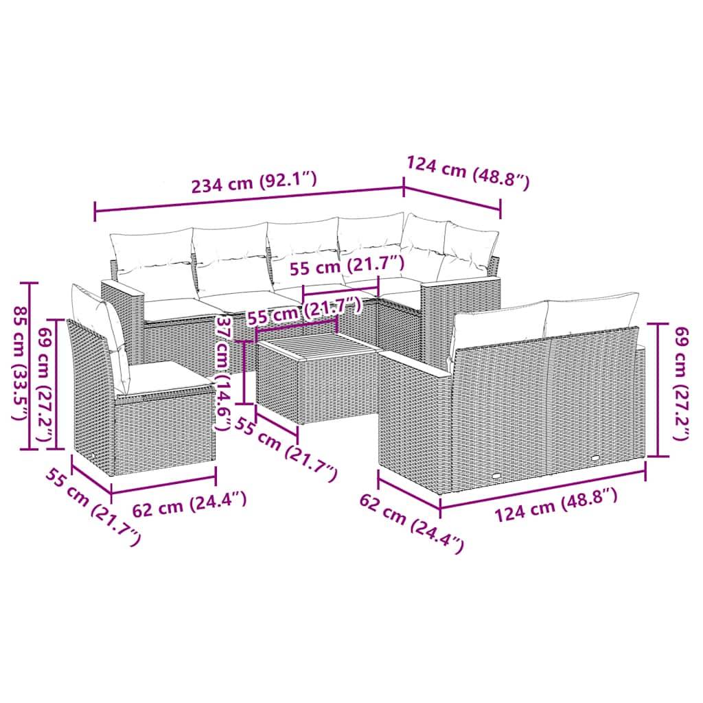 vidaXL 9-tlg. Garten-Sofagarnitur mit Kissen Schwarz Poly Rattan