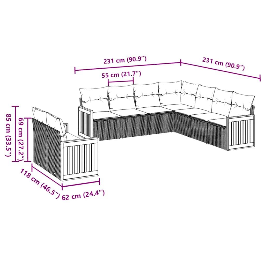 vidaXL 9-tlg. Garten-Sofagarnitur mit Kissen Schwarz Poly Rattan