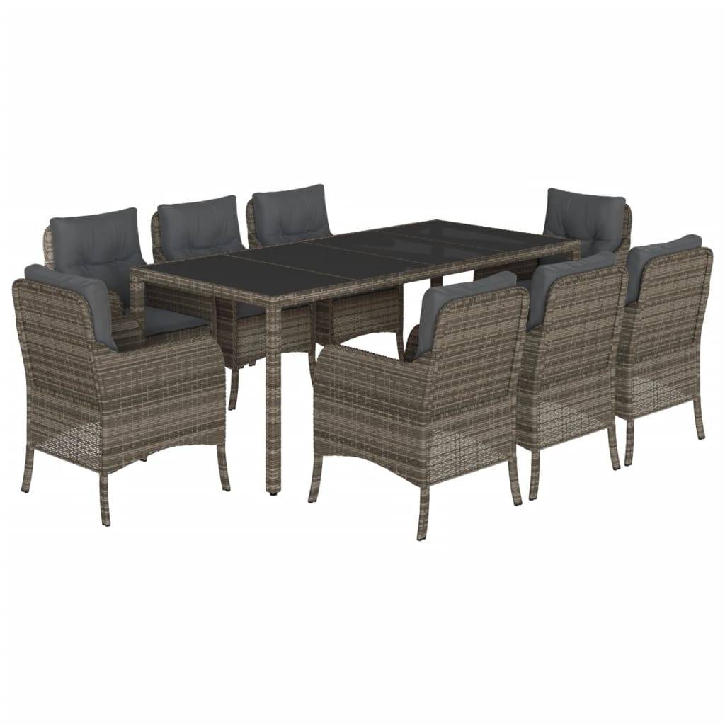 vidaXL 9-tlg. Garten-Essgruppe mit Kissen Grau Poly Rattan