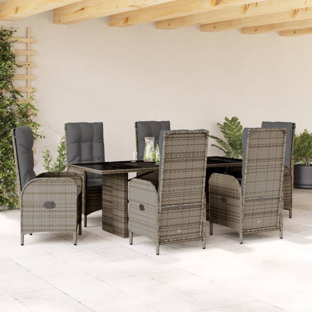 vidaXL 7-tlg. Garten-Essgruppe mit Kissen Grau Poly Rattan