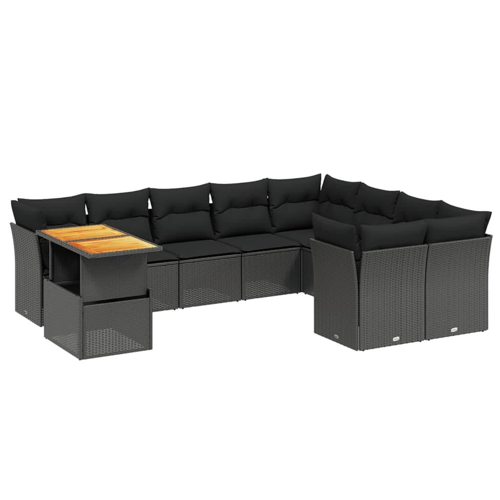 vidaXL 10-tlg. Garten-Sofagarnitur mit Kissen Schwarz Poly Rattan