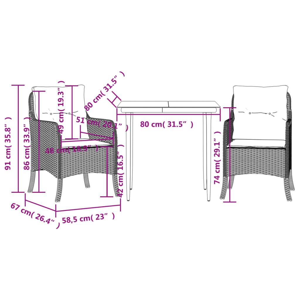 vidaXL 3-tlg. Garten-Essgruppe mit Kissen Braun Poly Rattan