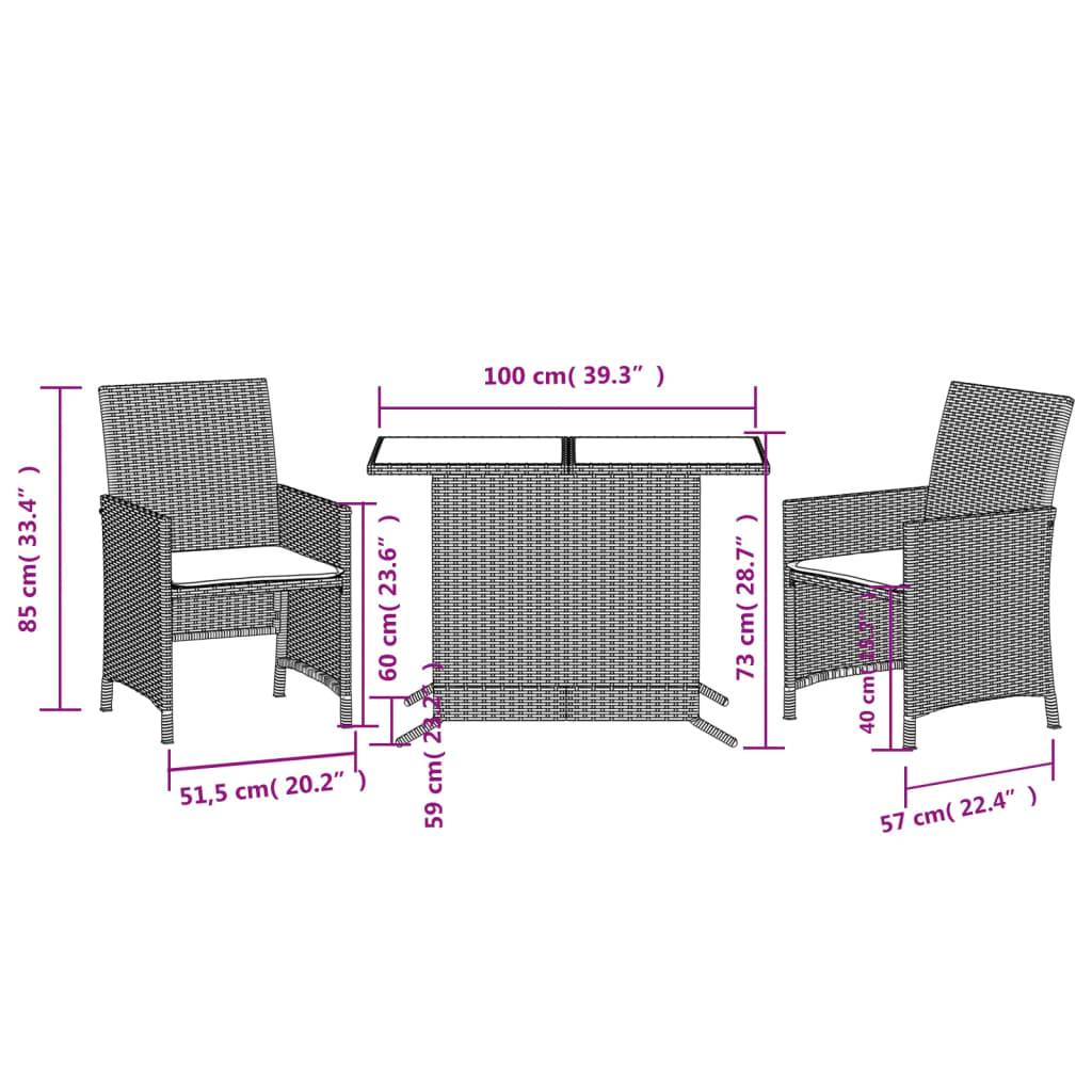 vidaXL 3-tlg. Bistro-Set mit Kissen Braun Poly Rattan