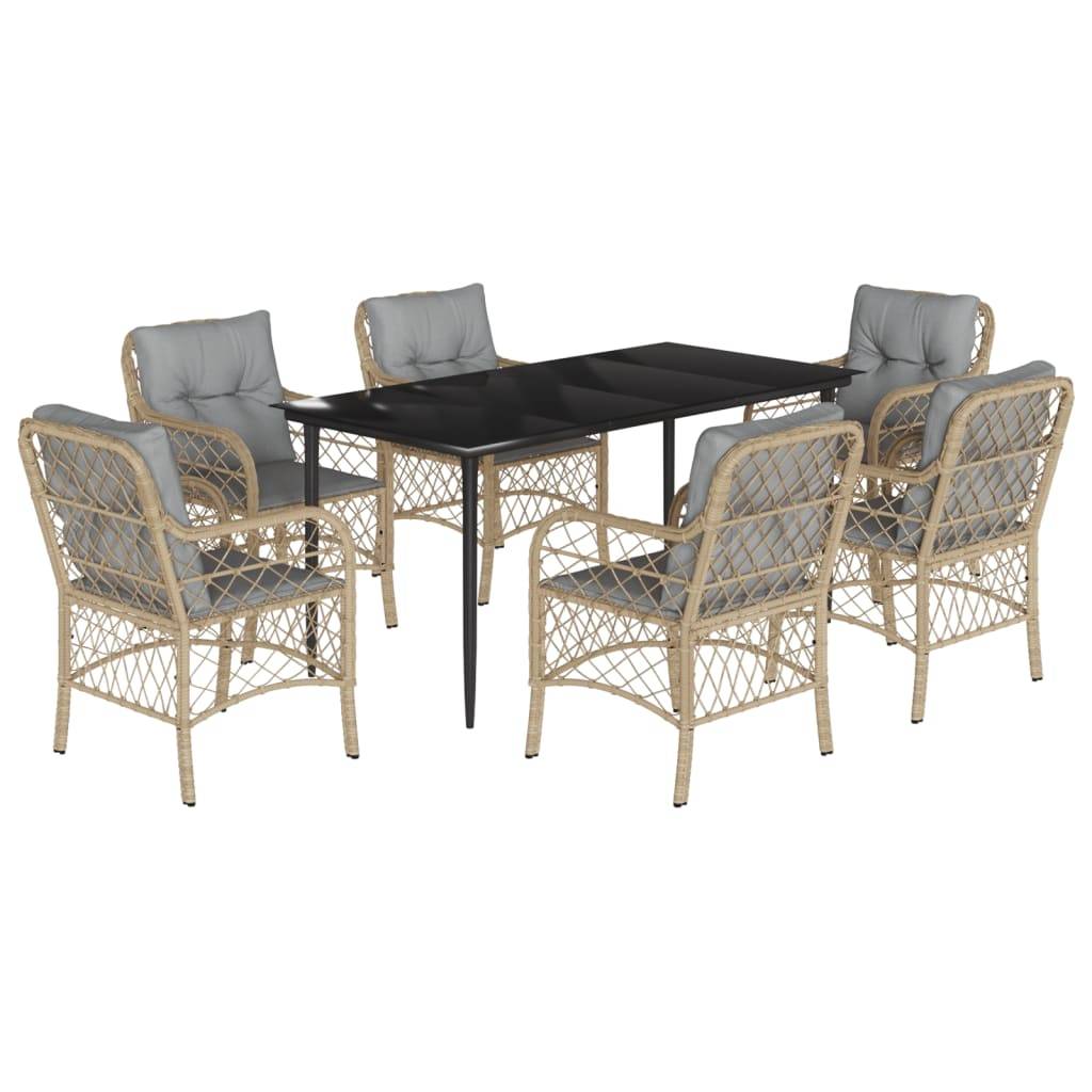 vidaXL 7-tlg. Garten-Essgruppe mit Kissen Beigemischung Poly Rattan