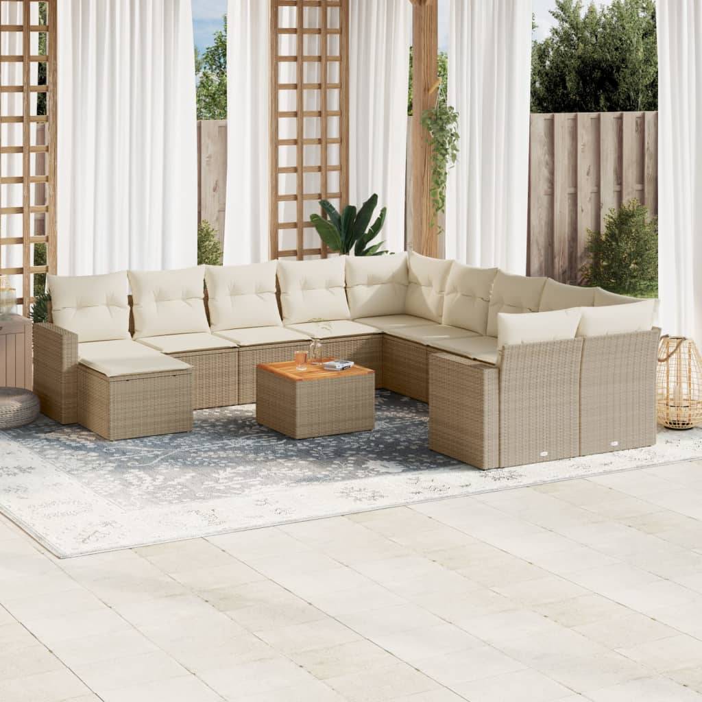 vidaXL 12-tlg. Garten-Sofagarnitur mit Kissen Beige Poly Rattan
