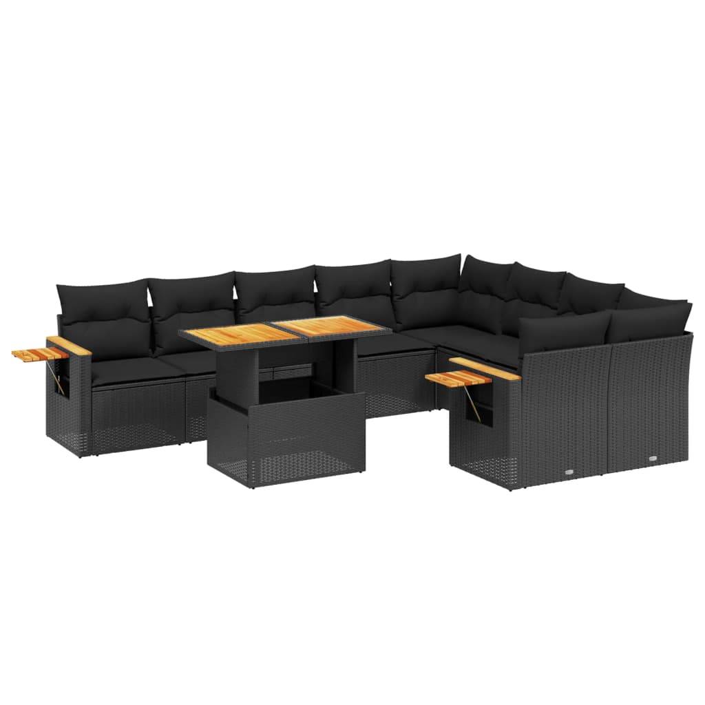 vidaXL 10-tlg. Garten-Sofagarnitur mit Kissen Schwarz Poly Rattan