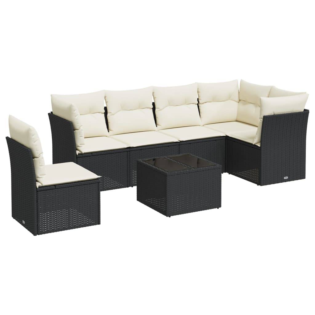 vidaXL 7-tlg. Garten-Sofagarnitur mit Kissen Schwarz Poly Rattan