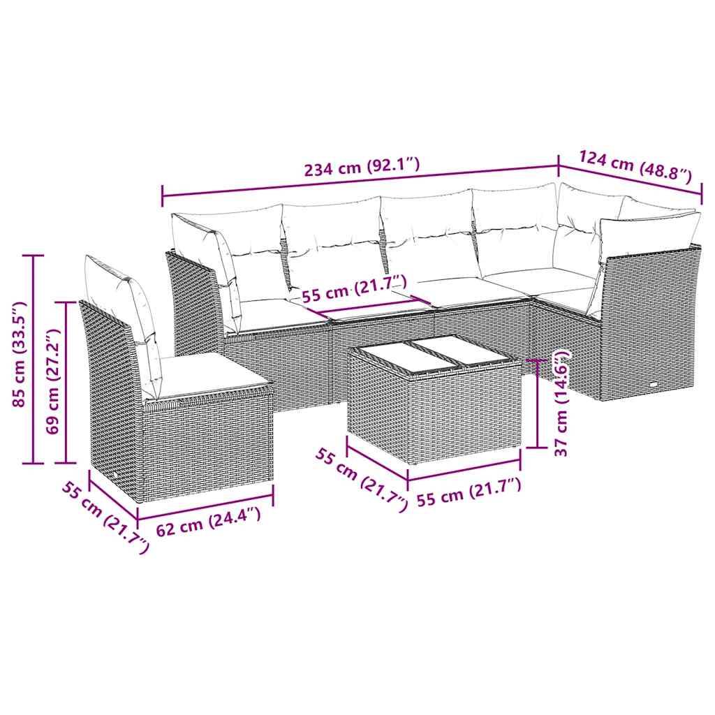 vidaXL 7-tlg. Garten-Sofagarnitur mit Kissen Schwarz Poly Rattan
