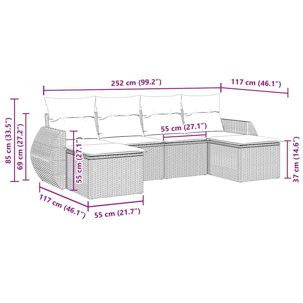 vidaXL 6-tlg. Garten-Sofagarnitur mit Kissen Schwarz Poly Rattan