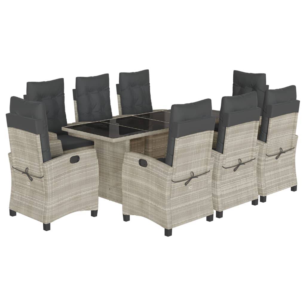 vidaXL 9-tlg. Garten-Essgruppe mit Kissen Hellgrau Poly Rattan