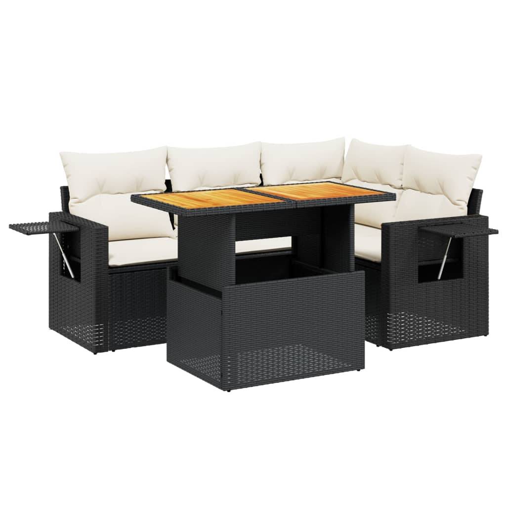 vidaXL 5-tlg. Garten-Sofagarnitur mit Kissen Schwarz Poly Rattan